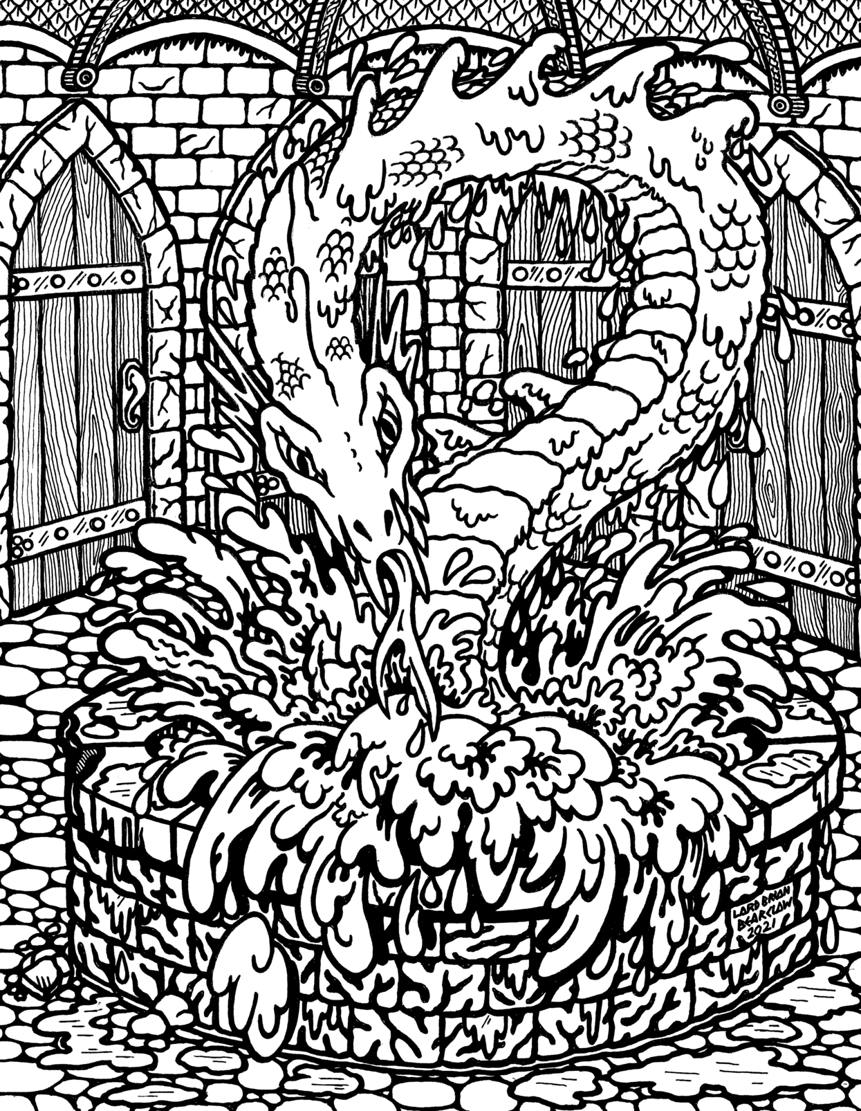 A dragon erupting from a courtyard fountain, pen and ink