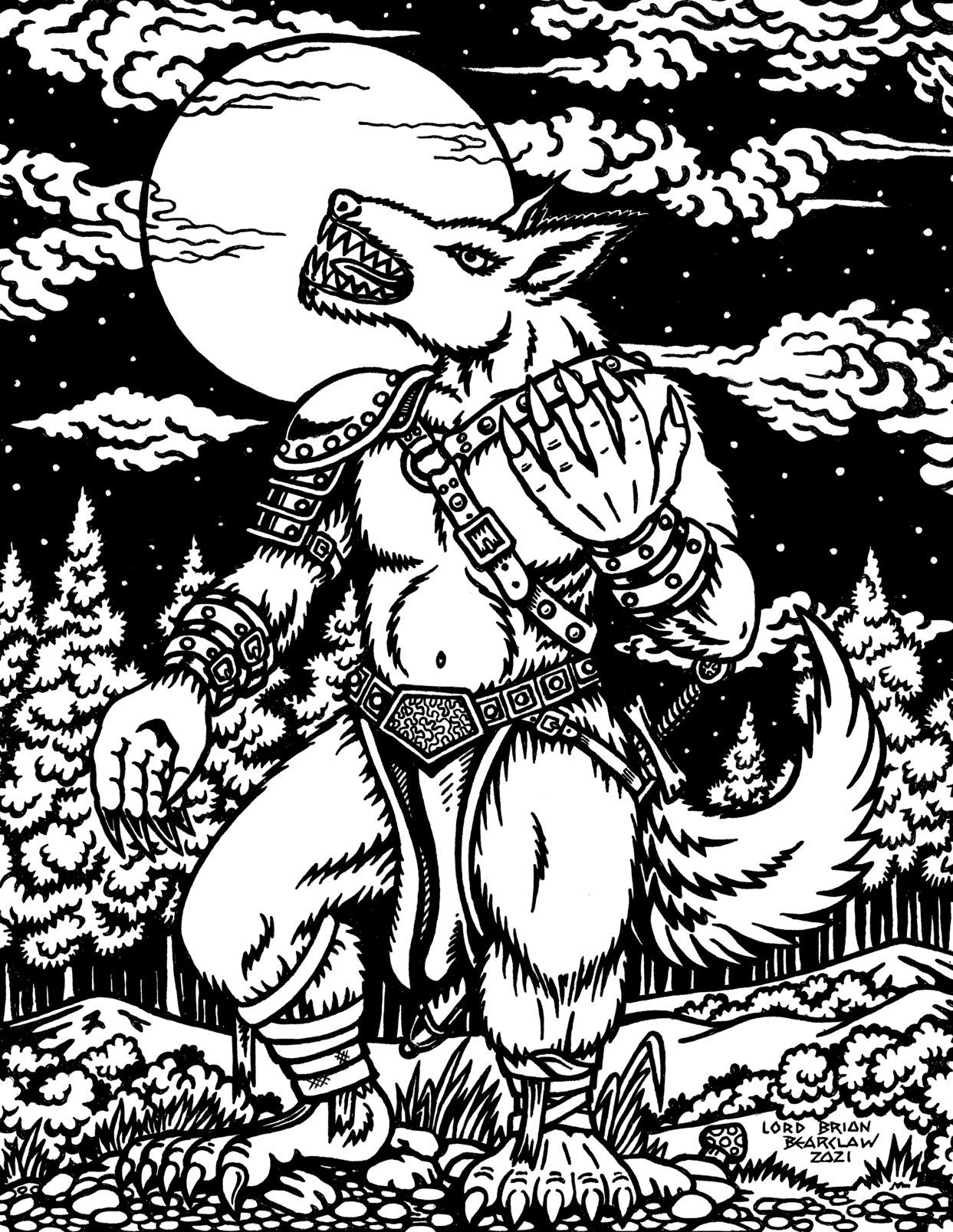 An armoured werewolf beneath a full moon, pen and ink