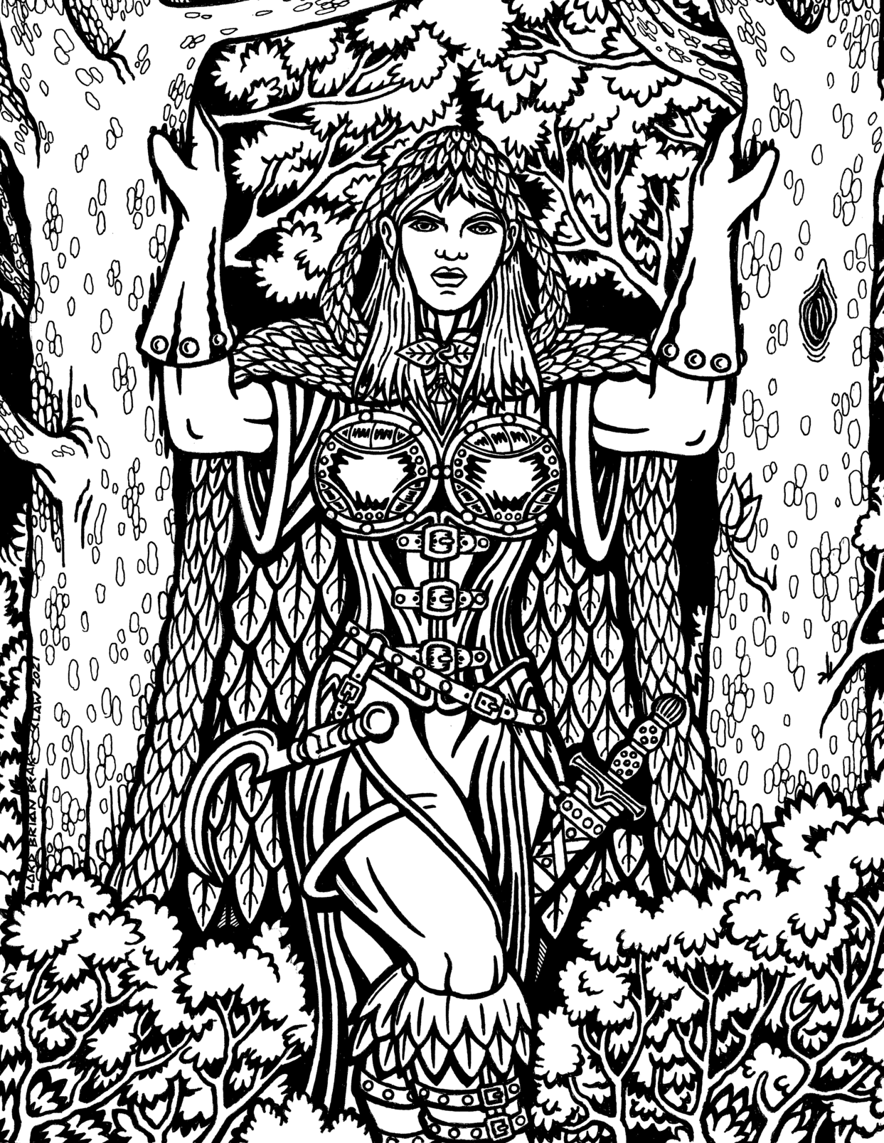 A warrior druidess framed by an ancient tree, pen and ink