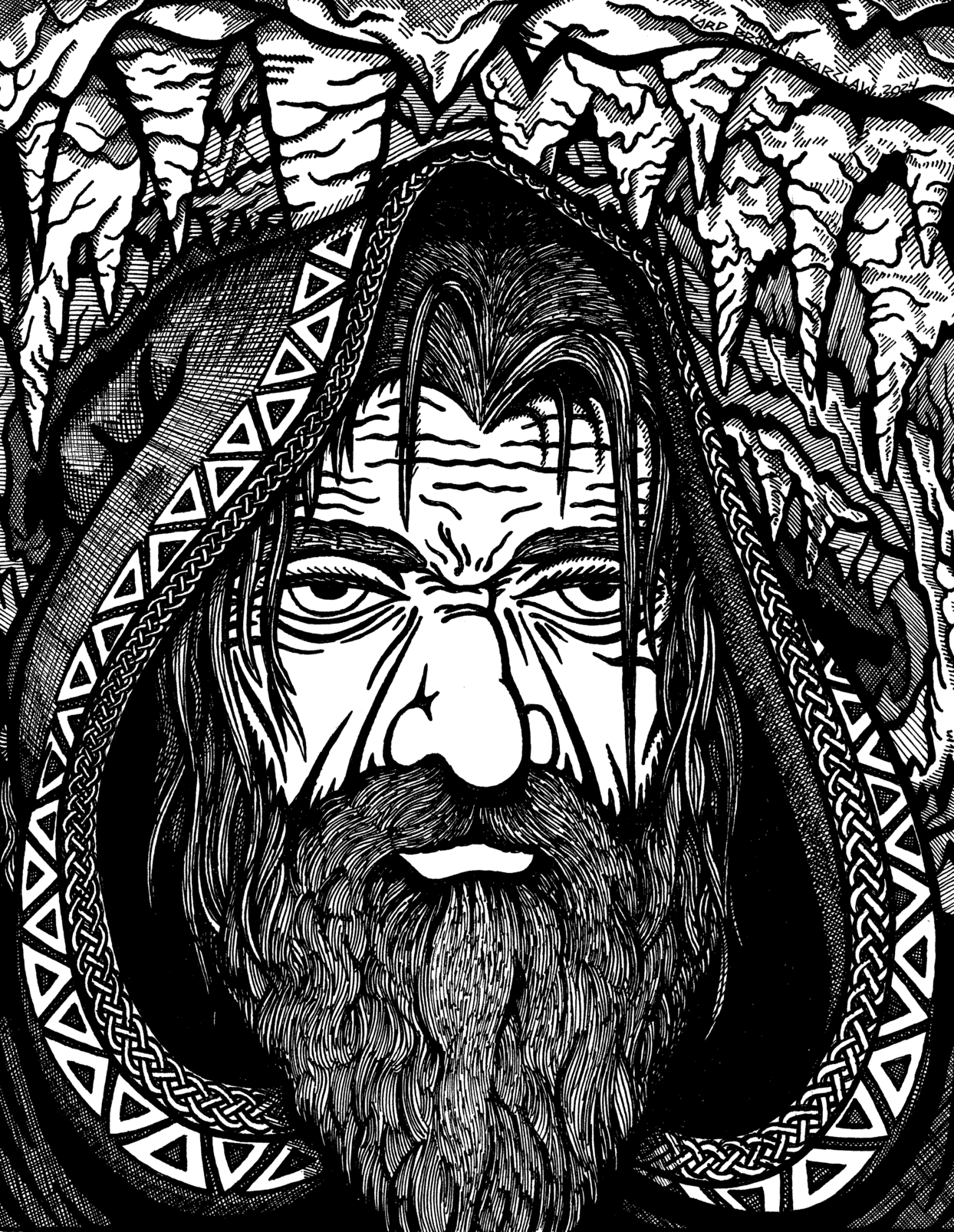 A bearded elder's face bordered in Celtic knotwork, pen and ink