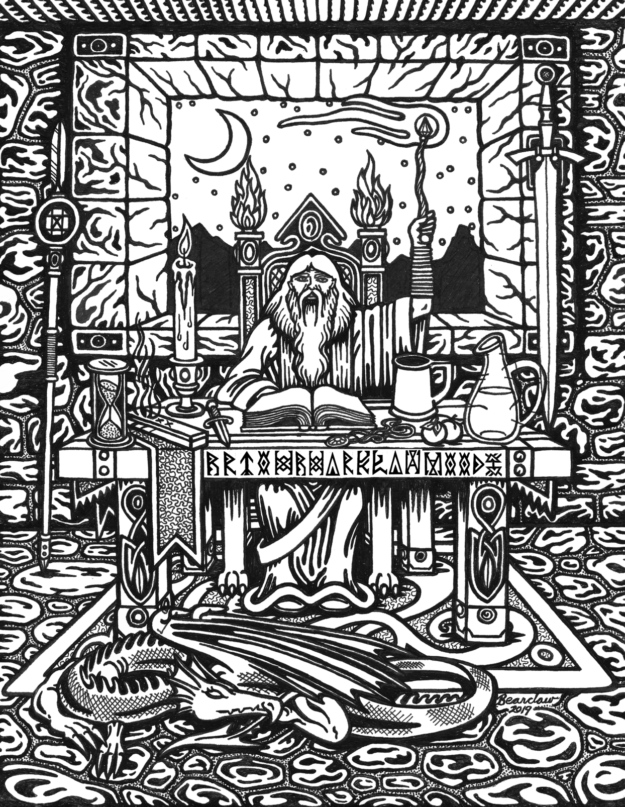 A sorcerer at his rune-carved desk, pen and ink
